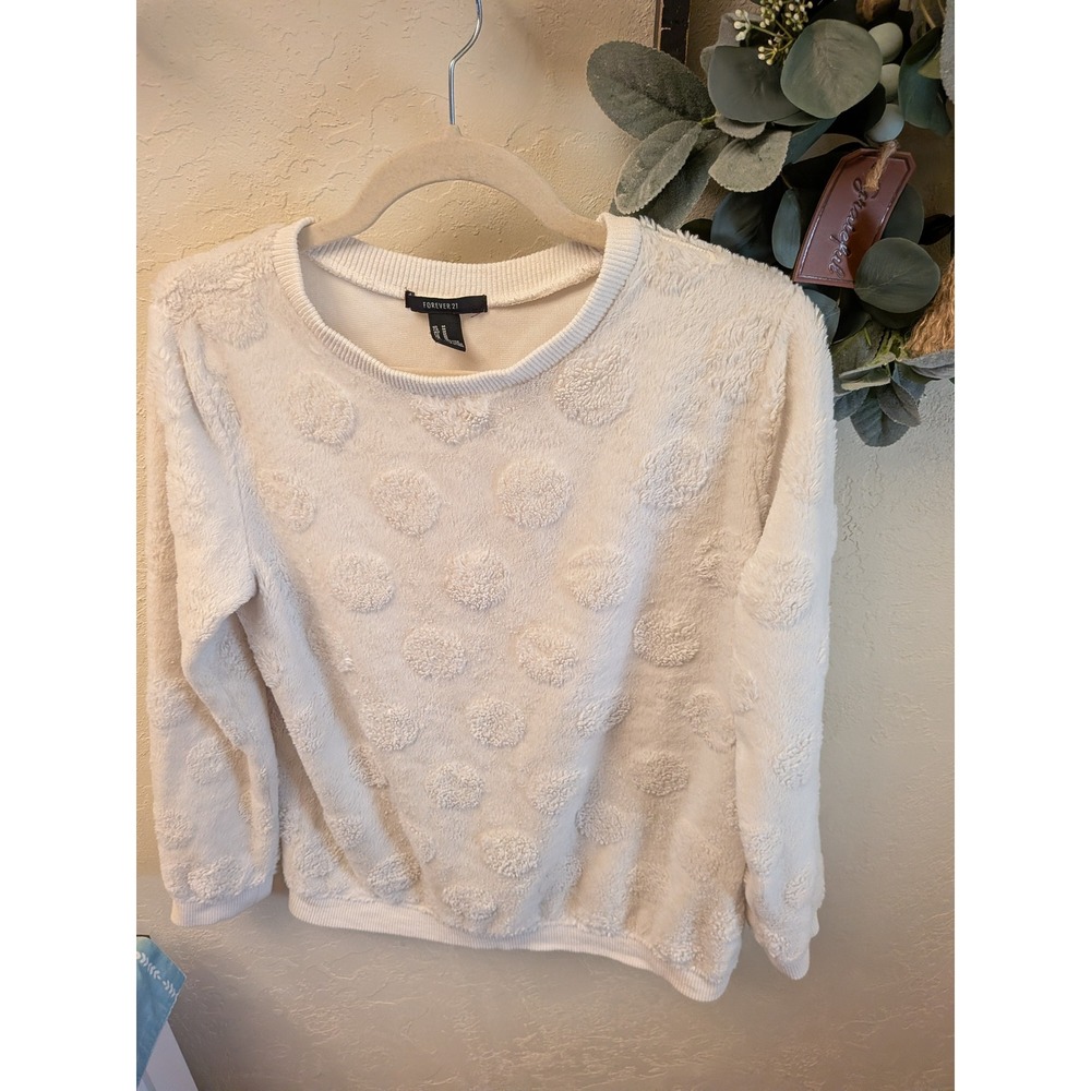 Forever 21 Womens Cream Textured Faux Fur Polka Dot Crewneck Sweater Size M